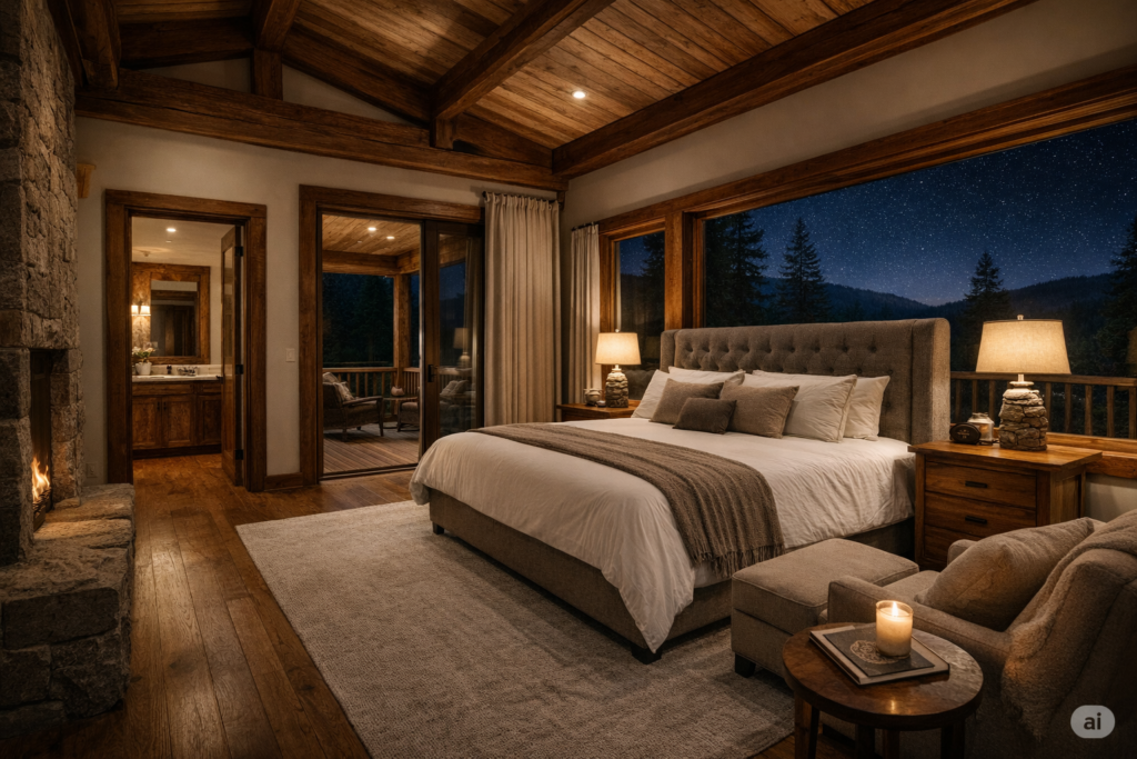 AI sample image of a master bedroom room of a nice cabin with a view