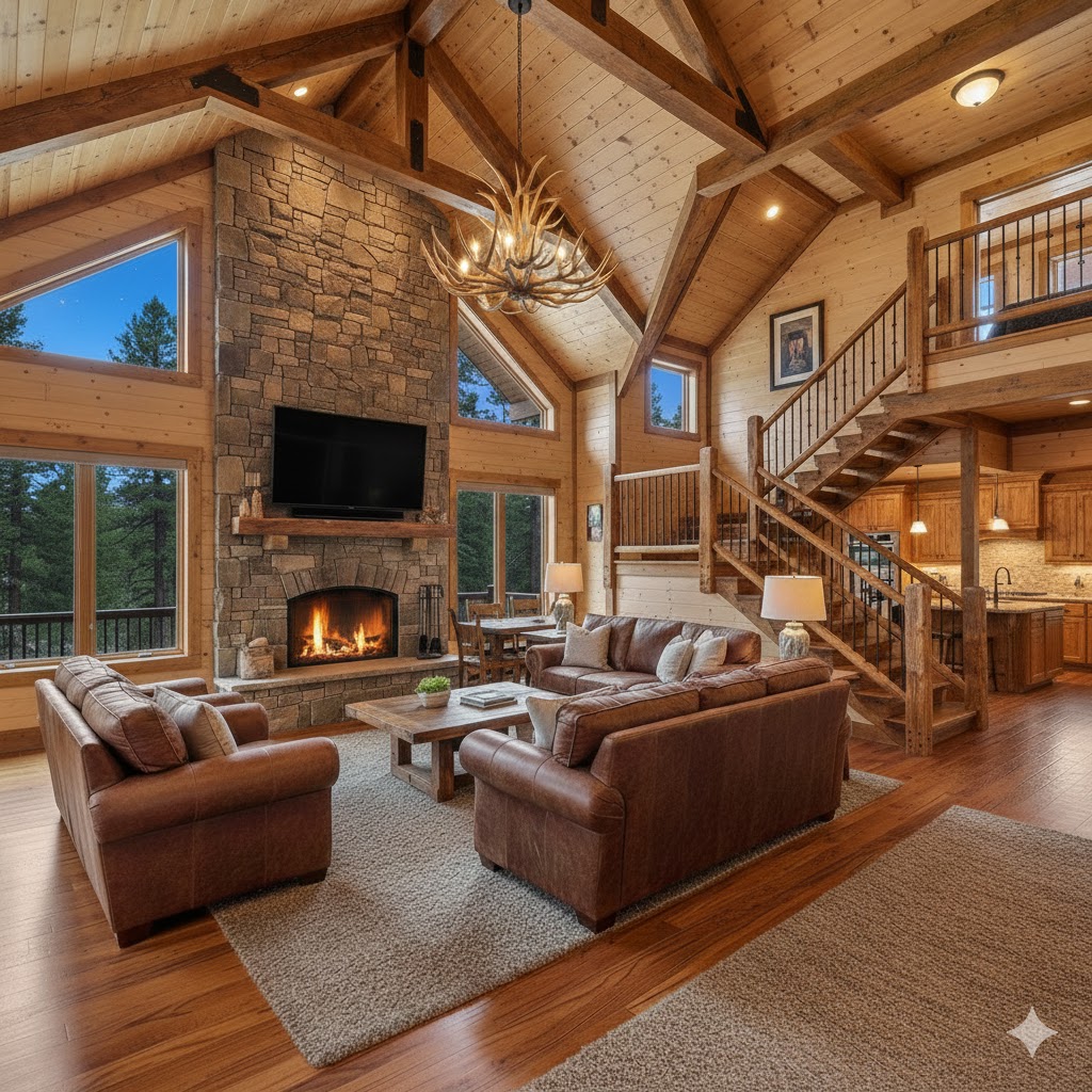 AI sample image of a Living room of a nice cabin with a view